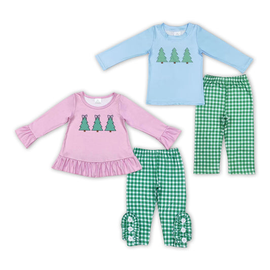 Tree Print Top Green Plaid Pants Sibling Christmas Matching Clothes