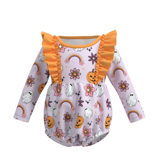 (Custom Design Preorder MOQ 5) Pumpkin Rainbow Flowers Print Baby Girls Halloween Romper