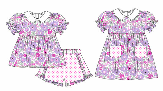 11.4(Custom Design Preorder MOQ 5 Each Design) Purple Flowers Print Girls Summer Matching Clothes Set Sisters Wear
