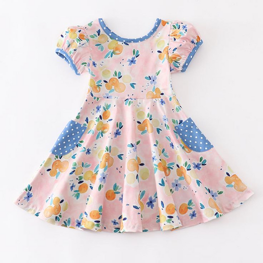 (Custom Design Preorder MOQ 5)  Orange Print Pockets Girls Knee Length Summer Dress