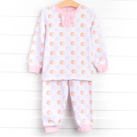 (Custom Design Preorder MOQ 5)  Pink Pumpkin Print Girls Fall Bamboo Pajamas Clothes Set