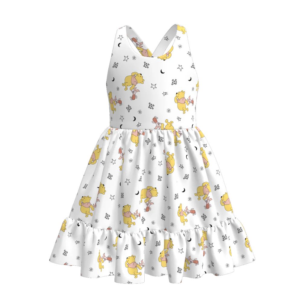 (Custom Design Preorder MOQ 5) Cartoon Bear Stars Print Girls Summer Knee Length Dress
