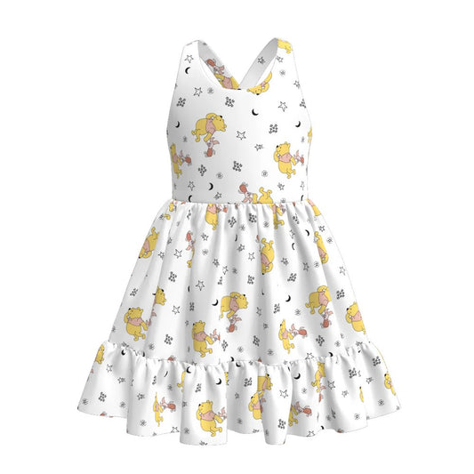 (Custom Design Preorder MOQ 5) Cartoon Bear Stars Print Girls Summer Knee Length Dress
