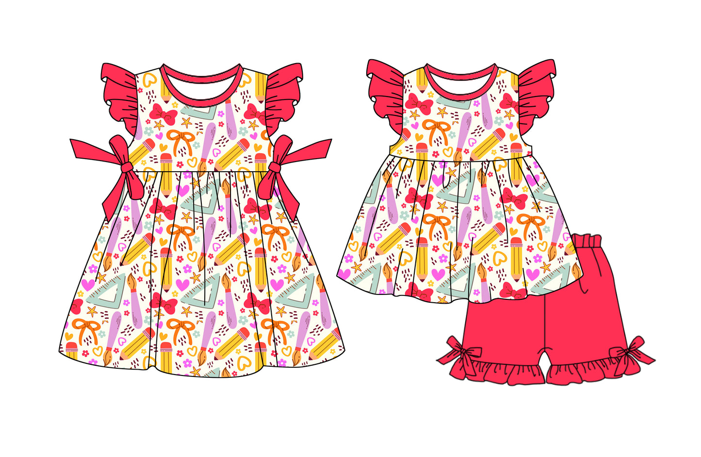 12.23 (Custom Design Preorder MOQ 5 Each Design) Pen Rule Bows Print Girls Back to School Matching Clothes Sisters Wear