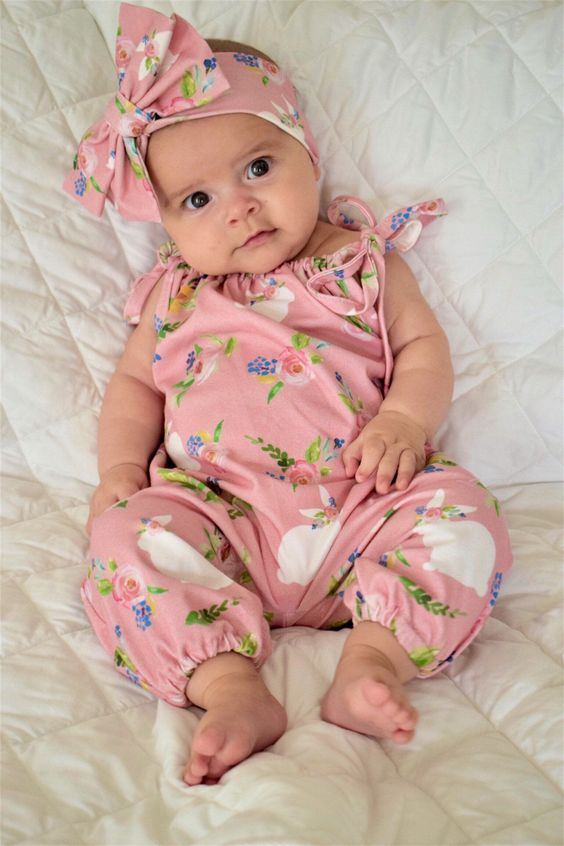 (Custom Design MOQ 5) Pink Bunny Flowers Baby Girls Easter Romper