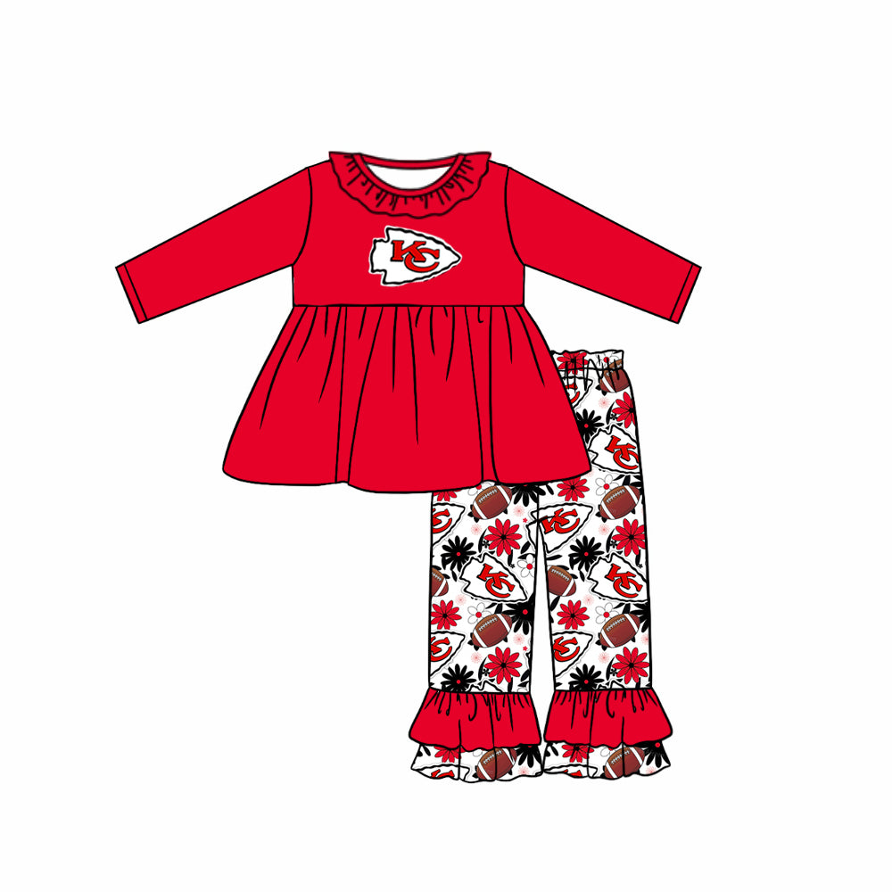 (Custom Design Preorder MOQ 5) Team's KC Red Tunic Top Flowers Ruffle Pants Girls Fall Clothes Set