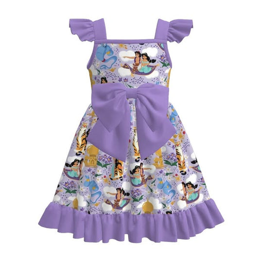 (Custom Design Preorder MOQ 5) Cartoon Princess Purple Print Girls Summer Knee Length Dress