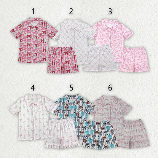 6 Colors Bows Print Adult Summer Buttons Pajamas Clothes Set