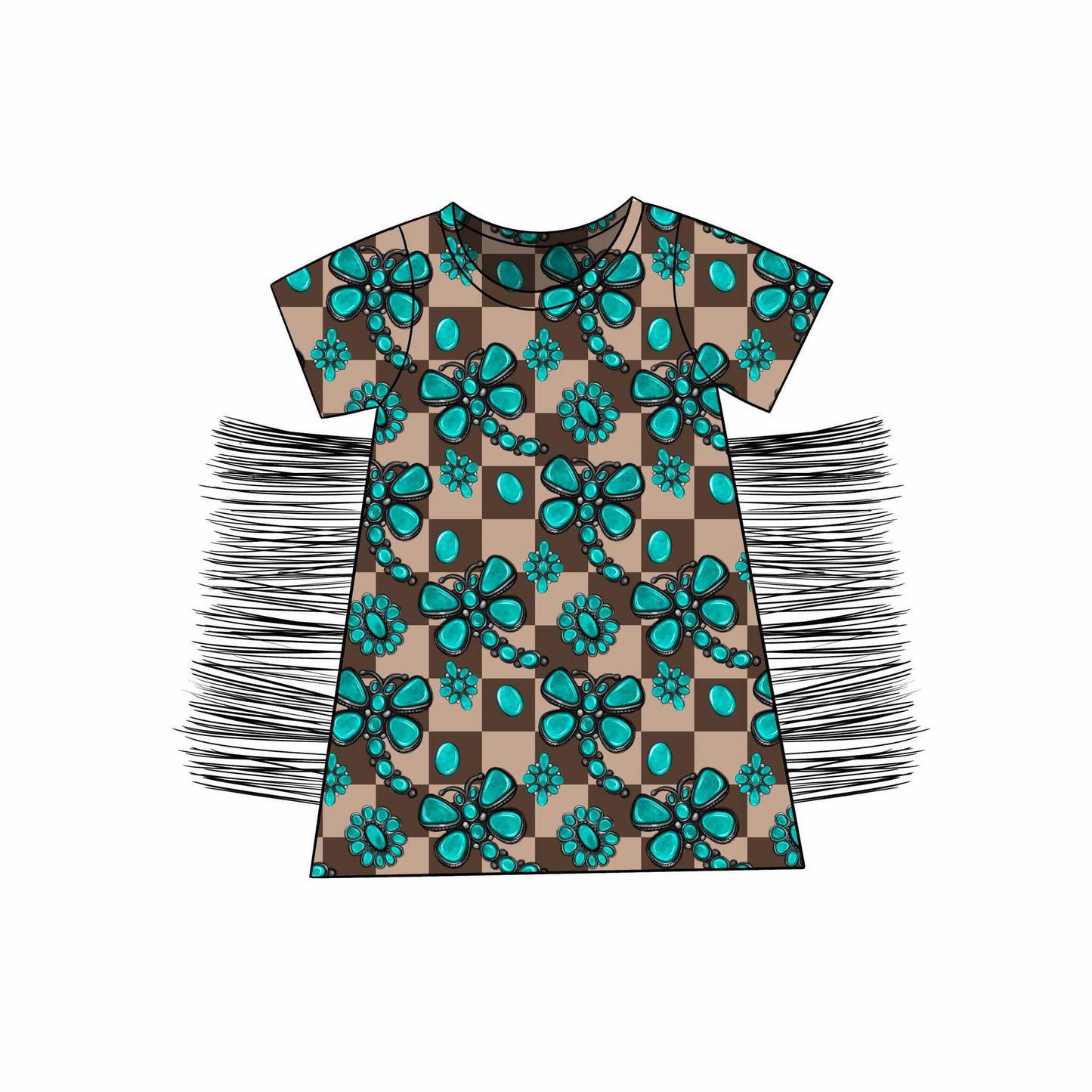 (Custom Design Preorder MOQ 5) Turquoise Plaid Print Tassels Girls Western Knee Length Dress