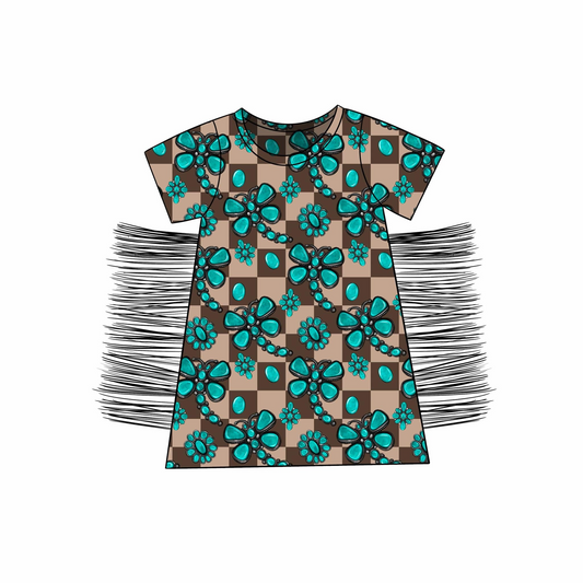 (Custom Design Preorder MOQ 5) Turquoise Plaid Print Tassels Girls Western Knee Length Dress