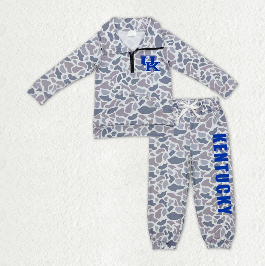 (Custom Design Preorder MOQ 5) Team's Kentucky Grey Camo Zipper Top Pockets Pants Boys Fall Clothes Set