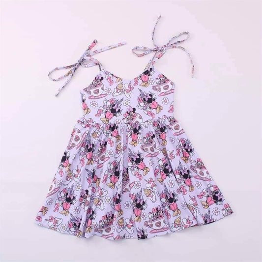 (Custom Design Preorder MOQ 5)  Cartoon Mouse Print Girls Knee Length Summer Strap Dress