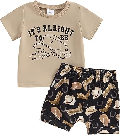 (Custom Design Preorder MOQ 5) Little Bitty Top Black Shorts Boys Summer Western Clothes Set