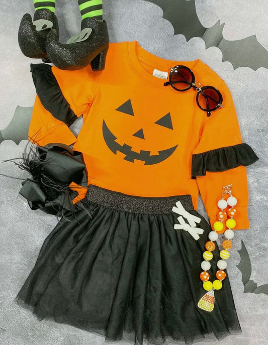 (Custom Design Preorder MOQ 5) Smiling Face Orange Top Black Tulle Skirts Girls Halloween Clothes Set