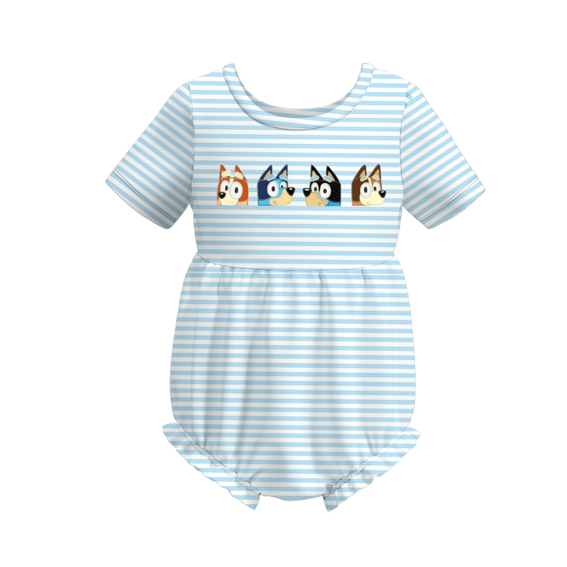 (Custom Design Preorder MOQ 5) Cartoon Dog Blue Stripes Print Baby Girls Romper