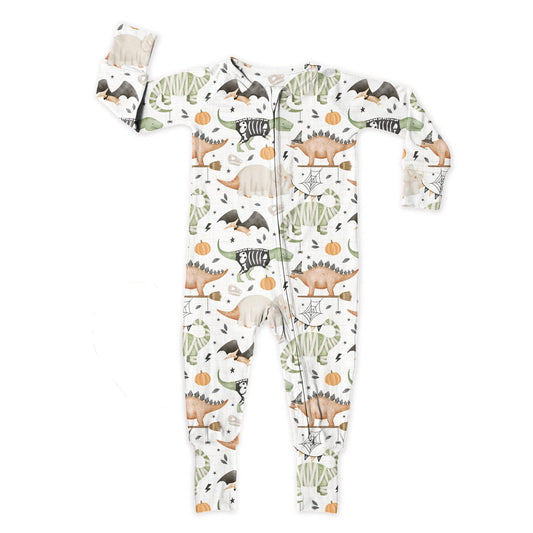 (Custom Design Preorder MOQ 5)  Dino Print Baby Boys Halloween Sleeper Zipper Romper