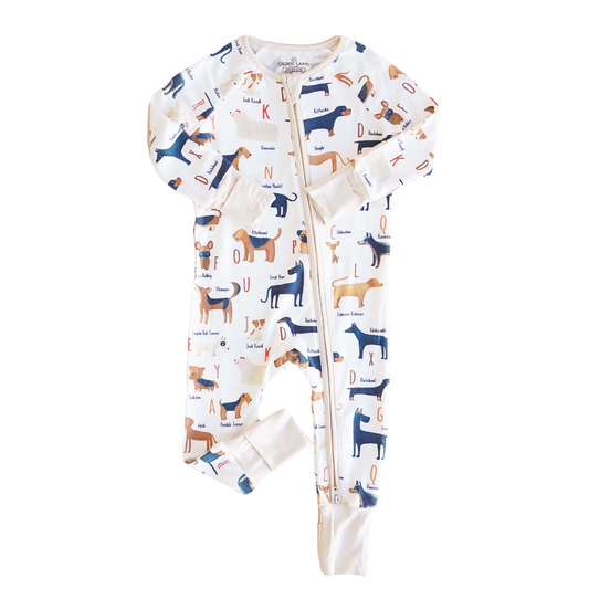 (Custom Design Preorder MOQ 5)  Dog Print Baby Girls Bamboo Fall Sleeper Zipper Romper