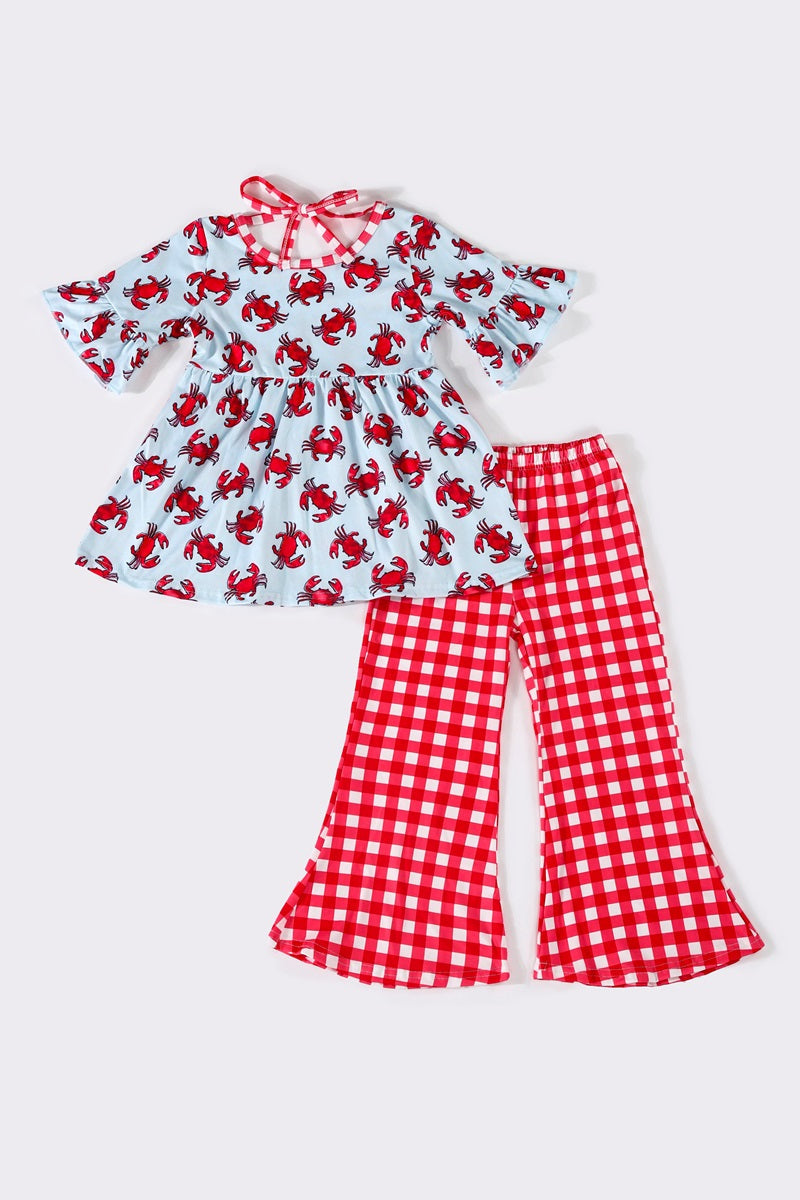 (Custom Design Preorder MOQ 5) Crab Tunic Top Red Plaid Bell Pants Girls Clothes Set