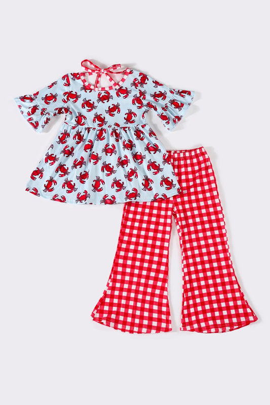 (Custom Design Preorder MOQ 5) Crab Tunic Top Red Plaid Bell Pants Girls Clothes Set