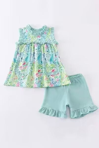 (Custom Design Preorder MOQ 5) Green Flowers Print Pockets Tunic Top Girls Summer Clothes Set