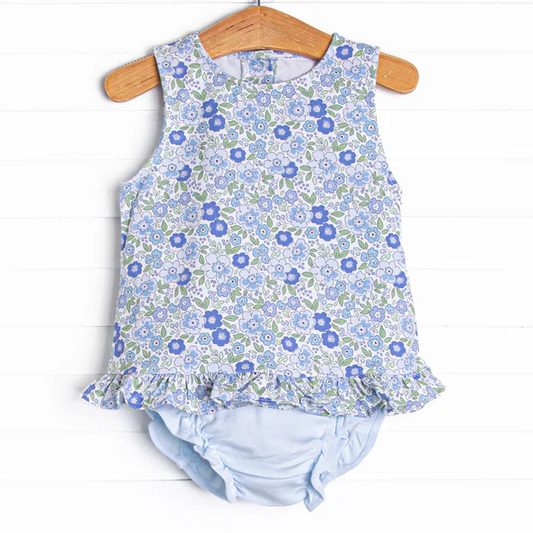 (Custom Design Preorder MOQ 5 ) Blue Flowers Print Shorts Baby Girls Summer Western Bummie Set
