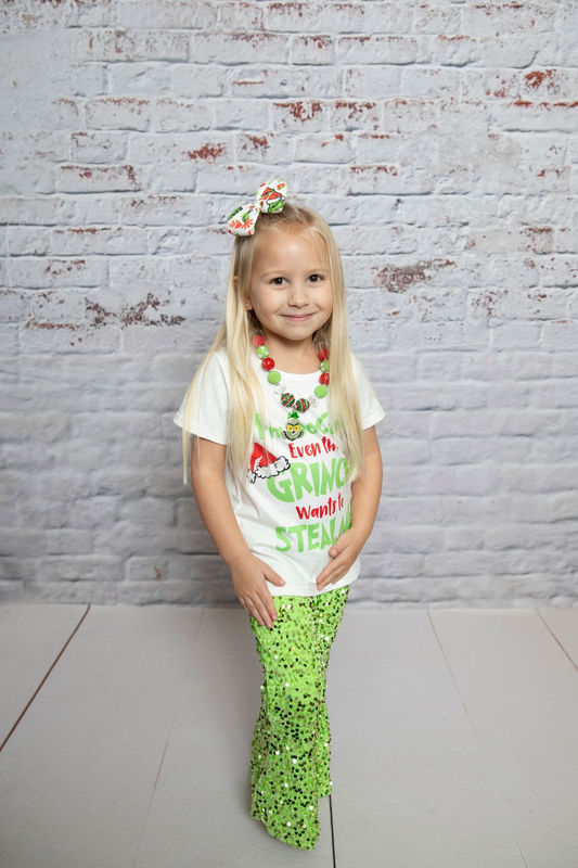 GSPO0721 Christmas top green sequin bell bottom pants girls clothes set