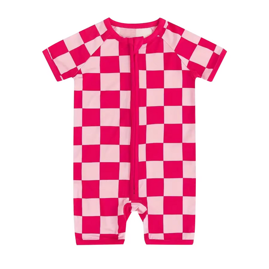 (Custom Design Preorder MOQ 5) Hotpink Plaid Print Baby Girls Summer Zipper Romper