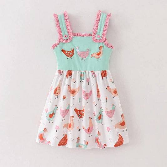 (Custom Design Preorder MOQ 5) Flowers Chicken Print Girls Knee Length Summer Dress
