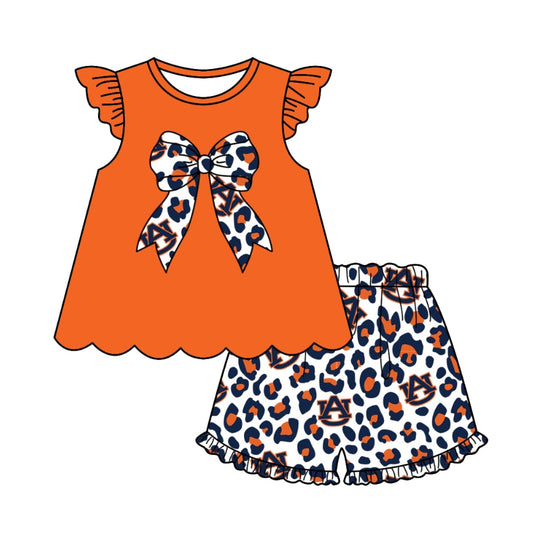(Custom Design Preorder MOQ 5) Team's Auburn Leopard Print Girls Summer Clothes Set