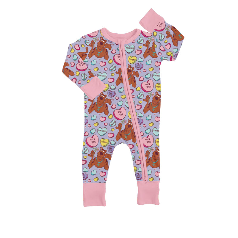 (Custom Design Preorder MOQ 5) Cartoon Dog Heart Print Baby Girls Valentine's Zipper Romper