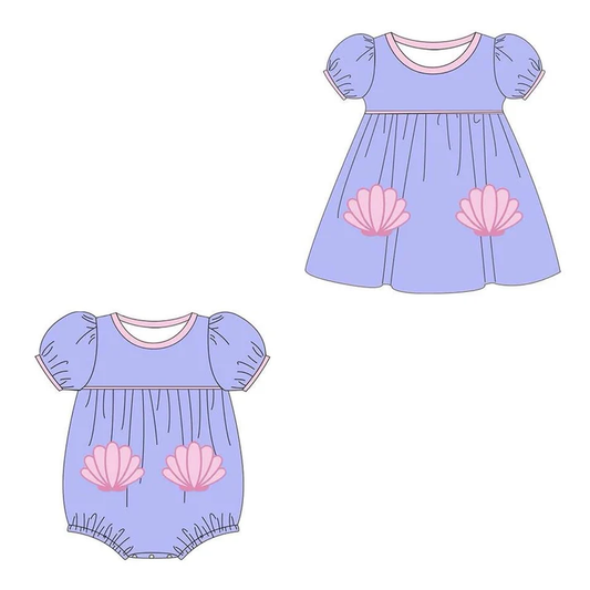 (Custom Design Preorder MOQ 5 Each Design) Shell Purple Print Girls Summer Matching Clothes Sisters Wear