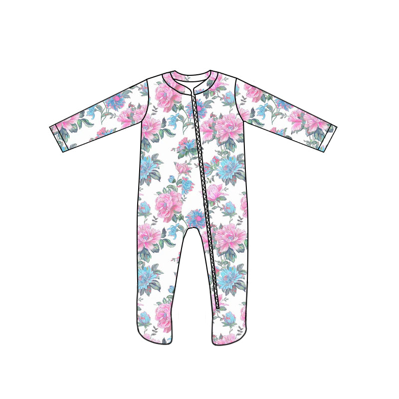 (Custom Design Preorder MOQ 5) Flowers Print Baby Girls Bamboo Sleeper Zipper Romper