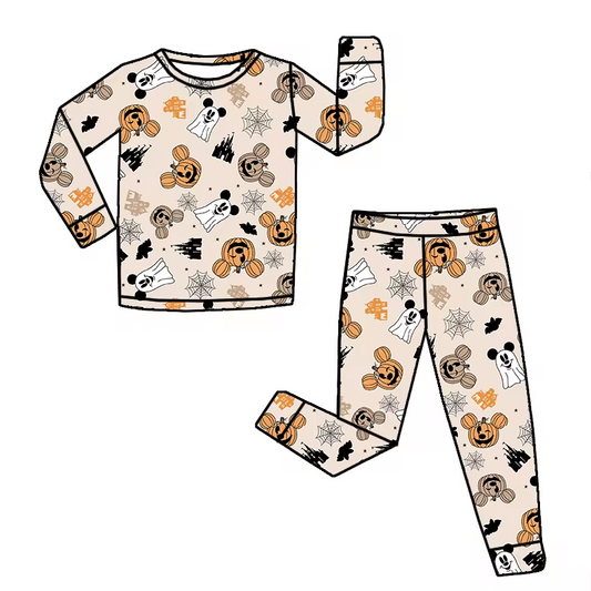 (Custom Design Preorder MOQ 5) Cartoon Mouse Ghost Print Kids Halloween Pajamas Clothes Set