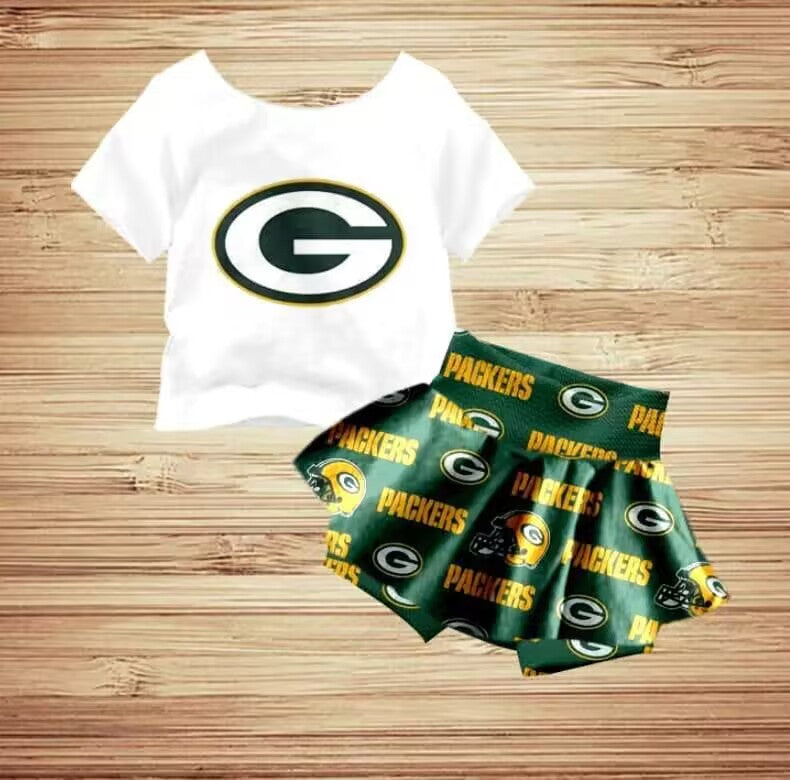 (Custom Design Preorder MOQ 5)  Team's G Green Print Girls Summer Skirts With Shorts Clothes Set