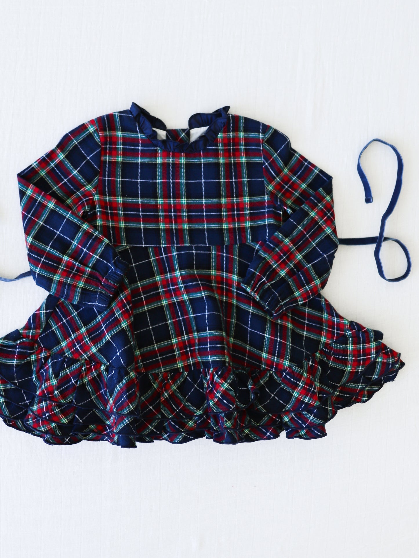 (Custom Design Preorder MOQ 5) Navy Red Plaid Print Girls Knee Length Christmas Ruffle Dress