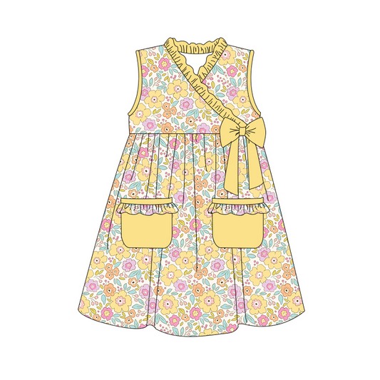 (Custom Design Preorder MOQ 5)   Yellow Flowers Print Girls Knee Length Summer Dress