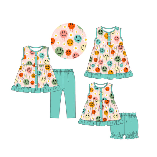 5.5(Custom Design Preorder MOQ 5 Each Design) Colorful Smiling Face Flowers Print Girls Matching Clothes Sisters Wear