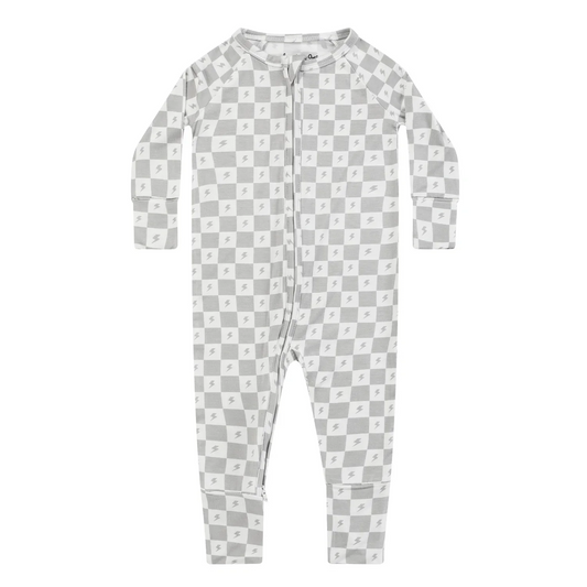 (Custom Design Preorder MOQ 5) Flash Gray Plaid Print Baby Boys Fall Sleeper Zipper Romper