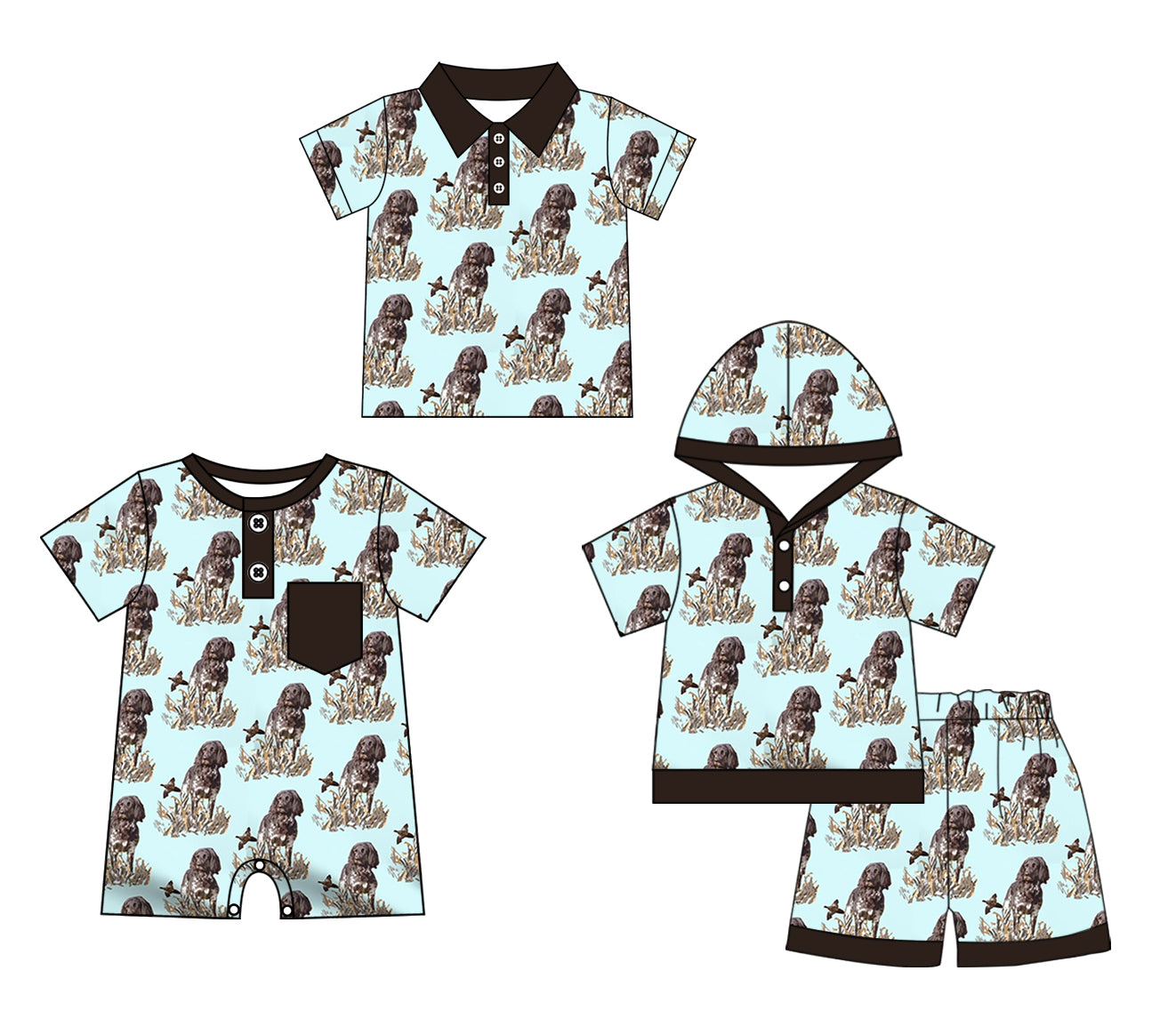 11.27(Custom Design Preorder MOQ 5 Each Design) Dog Duck Hunting Print Boys Summer Matching Clothes Brothers Wear