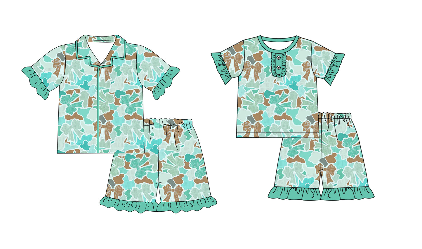 1.8(Custom Design Preorder MOQ 5 Each Design) Bows Camo Aqua Print Girls Summer Pajamas Matching Clothes Sisters Wear