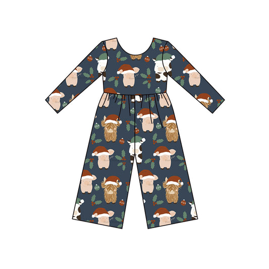 (Custom Design MOQ 5) Cows Pig Holly Print Girls Christmas Jumpsuits