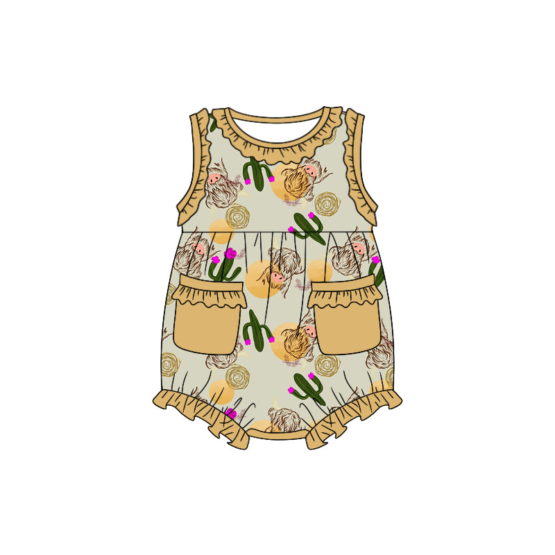 (Custom Design Preorder MOQ 5) Highland Cow Cactus Print Baby Girls Summer Western Romper