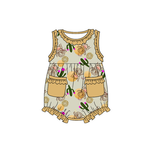 (Custom Design Preorder MOQ 5) Highland Cow Cactus Print Baby Girls Summer Western Romper