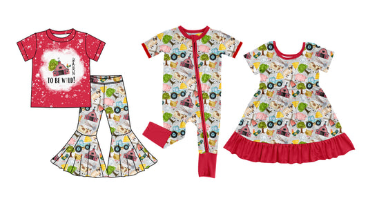 7.1(Custom Design Preorder MOQ 5 Each Design) Farm Animals Print Girls Matching Clothes Sisters Wear