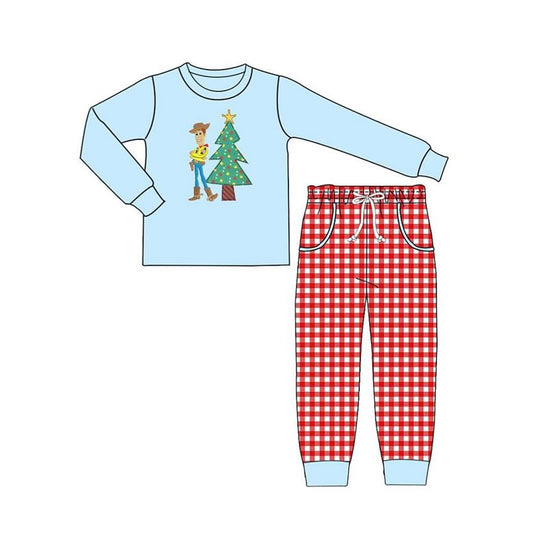 (Custom Design Preorder MOQ 5) Cartoon Figure Top Plaid Pants Boys Christmas Clothes Set