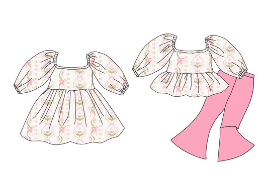 12.10 (Custom Design Preorder MOQ 5 Each Design) Flowers Pink Bows Print Girls Matching Clothes Sisters Wear