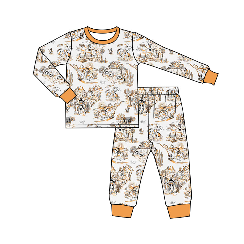 (Custom Design Preorder MOQ 5) Cowboy Western Print Kids Pajamas Bamboo Clothes Set