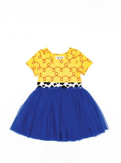 (Custom Design Preorder MOQ 5) Cartoon Yellow Print Girls Knee Length Summer Blue Tulle Dress