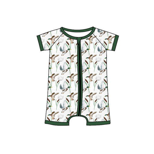 (Custom Design Preorder MOQ 5) White Duck Print Baby Boys Summer Sleeper Zipper Romper