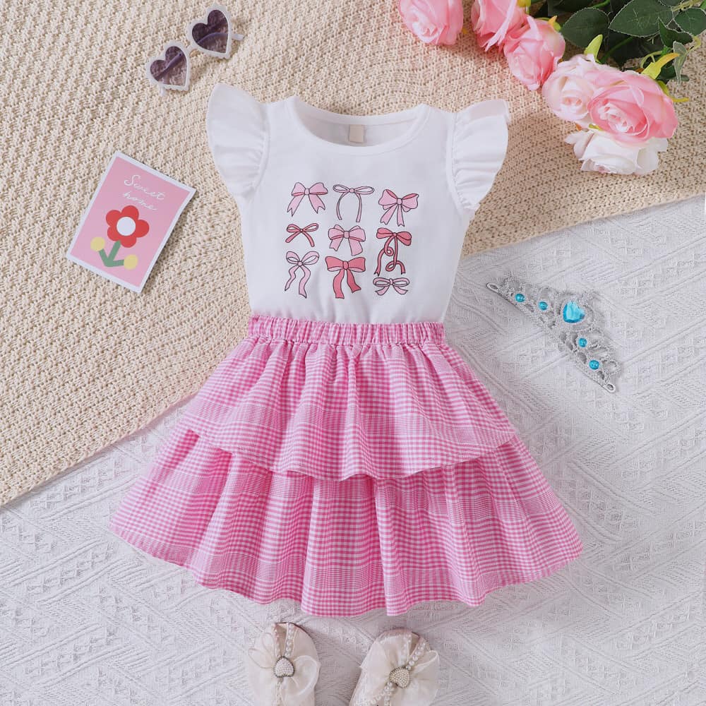 (Custom Design Preorder MOQ 5) Pink Bows Top Plaid Skirts Girls Summer Clothes Set
